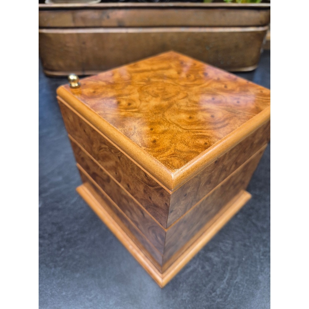 Alps Intl Corp Burl Wood 3 Tier Swivel Jewelry Box Velvet Ring Organizer Vintage